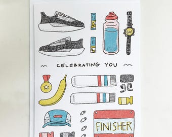 Runner Congratulations Card: Risograph Style Art, Marathon Milestone