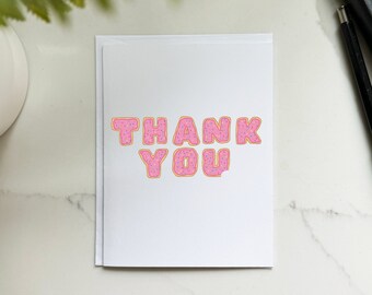 Donut thank you card • recycled premium matte stock, A2 folded greeting card, blank interior white envelope, foodie pink sprinkles letters