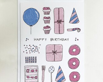 Happy Birthday Greeting Card – Illustrated Risograph Inspired Art, Modern Bday Party Kit
