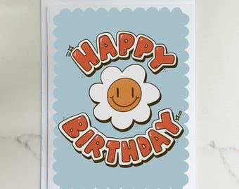 Retro Flower Happy Birthday Card – Groovy Illustrated Greeting