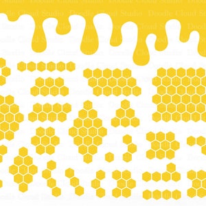 May include: A set of yellow honeycomb shapes in various sizes and configurations. The shapes are isolated on a white background.
