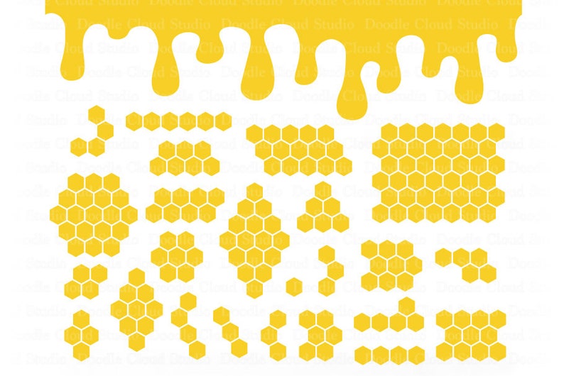 May include: A set of yellow honeycomb shapes in various sizes and configurations. The shapes are isolated on a white background.