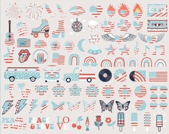 150 imágenes prediseñadas retro del 4 de julio en tonos pastel y archivos de corte SVG, paquete genial del 4 de julio, paquete patriótico vintage. Sublimación del Día de la Independencia.