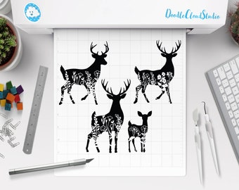 Floral Deer SVG, Floral Dad and Baby Deer SVG Files for Silhouette Cameo & Cricut. Floral Animal, Wildflower Stag SVG, Flower Deer Clipart.