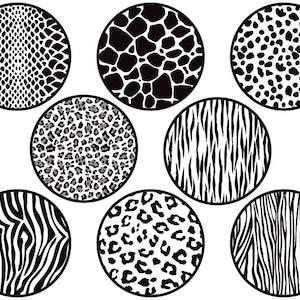 May include: Eight black and white animal print patterns in circles. The patterns include zebra, leopard, giraffe, snake, and cheetah.