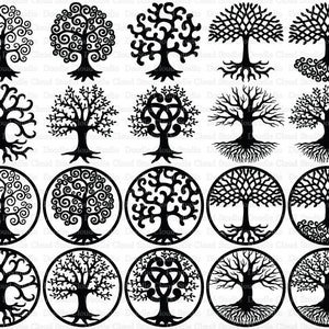 Pode incluir: Conjunto de 18 ilustrações de árvore da vida em preto e branco. As árvores são estilizadas e apresentam detalhes intrincados. Algumas árvores têm raízes, enquanto outras têm ramos que se curvam e se torcem.