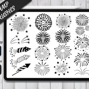 May include: A digital illustration of 18 black and white firework stamp brushes for use in Photoshop and Procreate. The brushes are in various shapes and sizes, including single fireworks, bursts, and trails.