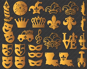 May include: A set of 20 gold-colored metal Mardi Gras themed cutouts. The cutouts include masks, crowns, fleur-de-lis, musical notes, a truck, a trumpet, a jester hat, fireworks, and the state of Louisiana.