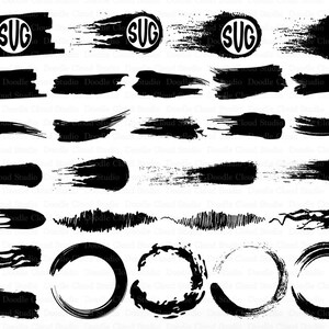 Puede incluir: Un conjunto de 25 gráficos de trazos de pincel en blanco y negro, que incluyen círculos, líneas y remolinos. Los gráficos son perfectos para agregar un aspecto pintado a mano a tus diseños.