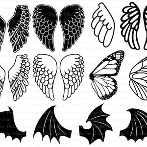 May include: A set of 10 black and white vector illustrations of wings, including angel wings, butterfly wings, and demon wings. These wings are ideal for crafting projects, scrapbooking, and digital design.