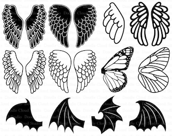 Angel Wings SVG, Bat Wings, Monarch Butterfly Wing SVG files for Silhouette Cameo and Cricut. Wings Clipart PNG included.