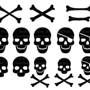 May include: A set of 10 black and white pirate skull and crossbones clip art images. The images include skulls with and without eye patches, and crossbones in various positions.