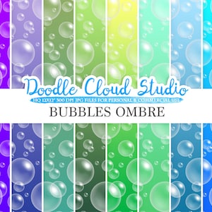 10 Ombre Soap Bubbles papel digital, colores azules, patrón de burbujas, fondos degradados verdes, descarga instantánea, uso personal y comercial
