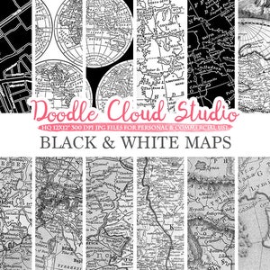 Zwart-wit Kaarten digitaal papier, Vintage Old World Map, City Map, Nautical Maps geografische kaarttexturen voor persoonlijk & commercieel gebruik