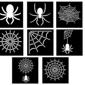 May include: A set of nine black and white vector illustrations of spiders and spiderwebs. The illustrations are simple and stylized, and they would be perfect for use in a Halloween-themed design project.