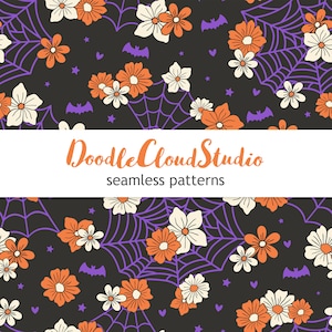 SET of 4 Halloween Seamless Pattern, Retro Halloween Floral & Spiderweb Seamless Pattern, Cute Halloween Pattern for Fabric,Halloween Spooky