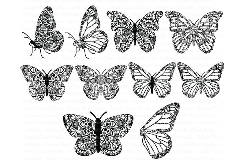 Op de afbeelding: Een set van tien zwart-witte vlinderillustraties. De vlinders hebben ingewikkelde mandala-ontwerpen op hun vleugels.