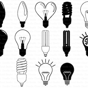 Könnte beinhalten: Ein Satz von 12 Schwarzweiß-Silhouettenillustrationen verschiedener Arten von Glühbirnen, darunter traditionelle Glühbirnen, Energiesparlampen und LED-Lampen. Die Illustrationen sind einfach und klar und eignen sich perfekt für den Einsatz in einer Vielzahl von Projekten, wie z. B. Webdesign, Druckdesign oder Social-Media-Grafiken.