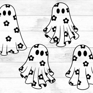 May include: Four black and white ghost illustrations with a daisy pattern. The ghosts are in various poses with their arms outstretched.