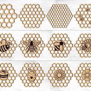 May include: Twelve different wood cutouts featuring a honeycomb pattern. Some cutouts include a bee, a jar of honey, or a sunflower. The cutouts are perfect for crafting projects or home decor.
