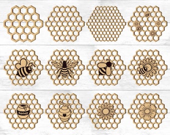 Bee Hexagonal Coasters SVG, Bee Coasters  Beehive Laser Cut Files, Trivet, Wooden Coasters, Home Decor, Wall Decor Templates, Glowforge.
