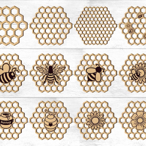 Biene sechseckigen Untersetzer SVG, Bienen Untersetzer Bienenstock Laser Cut Dateien, Untersetzer, Holz Untersetzer, Wohnkultur, Wand Dekor Vorlagen, Glowforge.