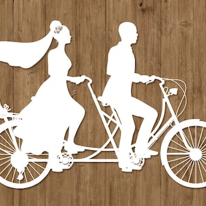 Arquivos SVG de noiva e noivo de bicicleta tandem de casamento para Silhouette Cameo e Cricut. Casal preto SVG, casal casado, clipart PNG incluído.