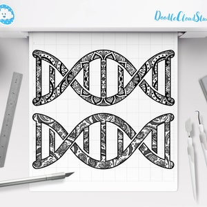 May include: Two black and white illustrations of a DNA double helix with intricate mandala designs. The designs are symmetrical and detailed.