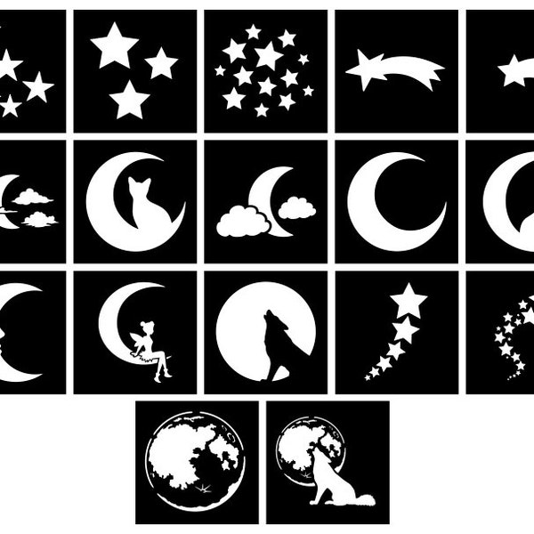 17 lune pochoir, lune et étoiles pochoir modèles numériques SVG PNG, fichiers de coupe pour Silhouette et Cricut, fichiers vectoriels, pochoir de film Mylar