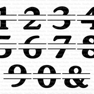 May include: Black and white split monogram font with numbers 1 through 9 and an ampersand. Each number and symbol is split in half with a horizontal line.