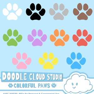 Colorful Paw Prints Cliparts, Dog / Cat Paws, Pet Clip Arts, Animal Paws, Transparent / White Backgrounds, Instant Download, Commercial Use