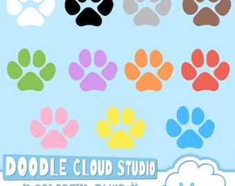 May include: Set of 12 colorful paw prints in various colors, including white, black, gray, brown, green, purple, orange, red, pink, yellow, and blue. The paw prints are arranged in three rows of four. The image includes the text "Doodle Cloud Studio" and "Colorful Paws".