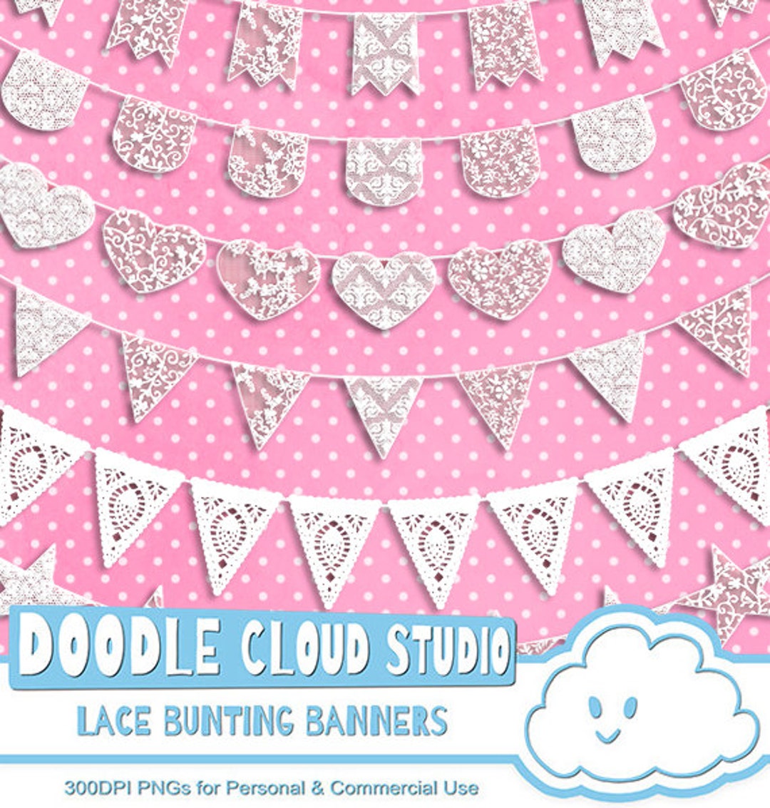 18 White Lace Burlap Bunting Banners Cliparts, Multiple Lace Texture ...