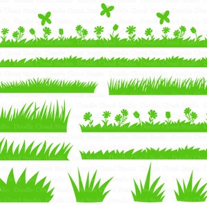 May include: A selection of green grass and floral silhouettes. The image presents diverse grass designs, including long blades, short tufts, and stylized floral arrangements with butterflies. Ideal for digital design projects.