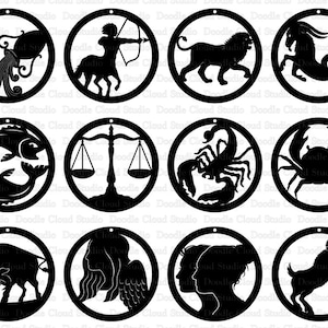 Brincos do Zodíaco SVG, arquivos SVG de astrologia de brincos para Silhouette Cameo e Cricut. Arquivos SVG do pingente do Zodíaco, joias. Clipart PNG incluído.