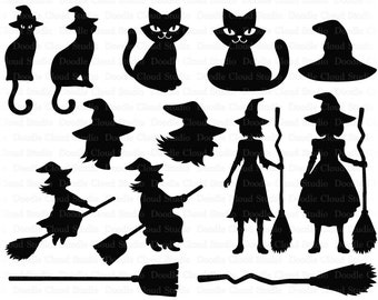 Witch SVG Bundle, Halloween Silhouette, Witch Hat, Black Cat (Digital Files)