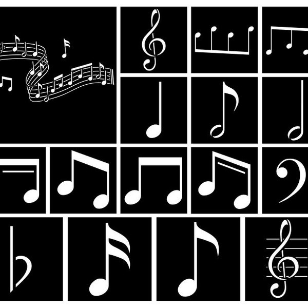 16 Musical Notes Stencil, Music Pentagram Stencil Digital Templates SVG PNG, Cutting Files for Silhouette and Cricut,  Mylar film Stencil.