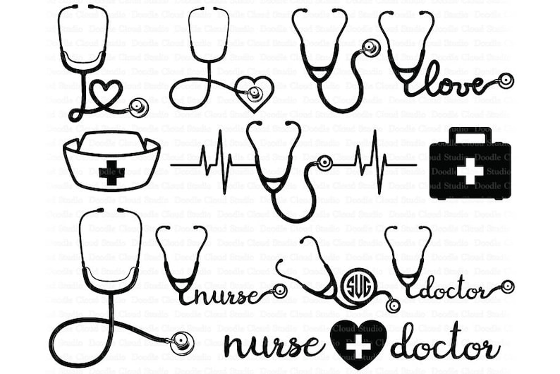 May include: A selection of black and white medical-themed illustrations. The image features stethoscopes, a nurse's cap, a first aid kit, a heart with a cross, and the words "love", "nurse", and "doctor".