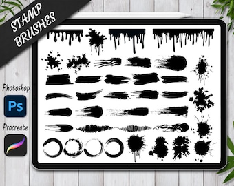 Op de afbeelding: Een digitaal tabletscherm met een verzameling zwarte en witte stempelkwasten voor Photoshop en Procreate. De kwasten omvatten verschillende vormen, zoals cirkels, vierkanten en spatten.