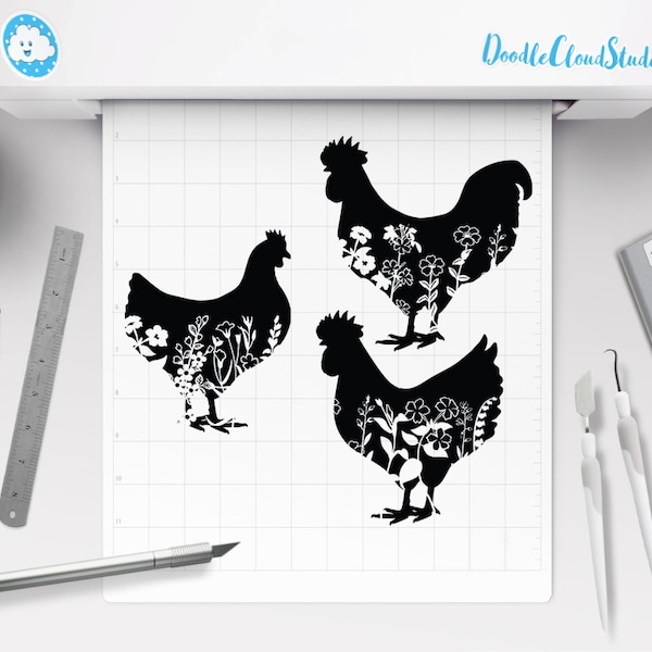 Floral Chicken SVG, Floral Rooster Svg, Floral Hen Svg, Chicken SVG Files for Silhouette Cameo & Cricut. Animal SVG, Floral Chicken Clipart