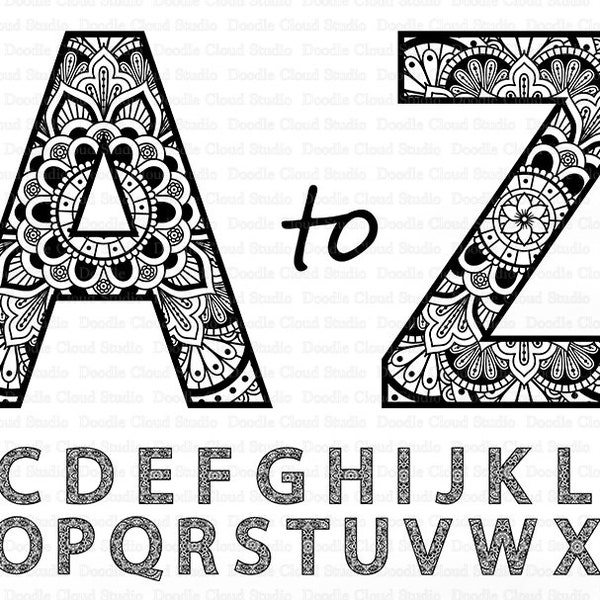 Mandala Alphabet SVG, Mandala Letters SVG Cut Files for Cameo & Cricut, Mandala Font, Letters Zentangle,A to Z SVG Letters, Alphabet Clipart