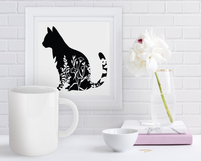 Floral Cat SVG, Cat SVG Files for Silhouette Cameo & Cricut.Floral Animal,Floral Cat Silhouette SVG, Cat With Flower, Wildflower Cat Clipart image 4