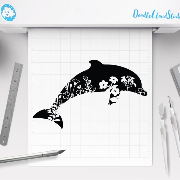 Floral Dolphin SVG, Dolphin SVG, Flower Dolphin Svg Files for Silhouette Cameo and Cricut. Sea Animal, Floral Dolphin Clipart PNG included.