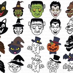 May include: A collection of Halloween-themed cartoon illustrations. The image features various characters, including a black cat, witch, Frankenstein's monster, vampire, werewolf, owl, ghost, pumpkin, and bat. The illustrations are in color and black and white.