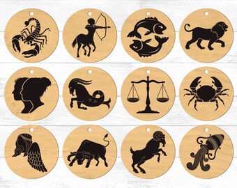 Sternzeichen Kreis Ohrringe SVG-Dateien für Laser Cutter und Glowforge, Holz Sternzeichen Ohrring Anhänger Vorlage, 12 Horoskop Laser Cut Dateien, Schmuck