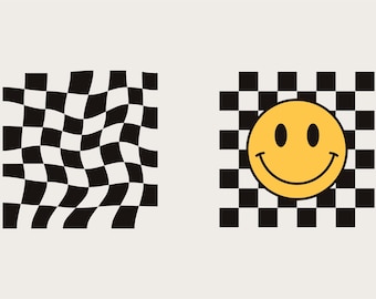 Sonrisa a cuadros SVG PNG, Sonrisa a cuadros SVG Archivos de corte para Silhouette 6 Cricut, Imágenes Prediseñadas de cara sonriente a cuadros, Camisa Boho, Cara feliz amarilla