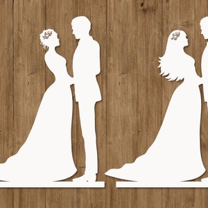 カップル ケーキ トッパー SVG、Silhouette Cameo および Cricut 用の新郎新婦 SVG ファイル。装飾、結婚式のカップル、結婚式のクリップアート PNG が含まれています。