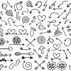 May include: A collection of 50 hand-drawn black and white arrows, hearts, swirls, and other design elements. The design elements include arrows with different styles, hearts, swirls, and circles.