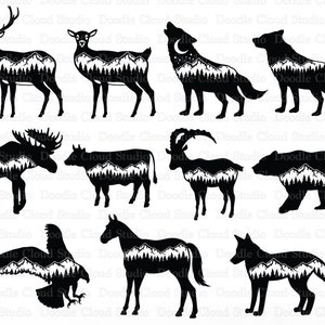 Tiere Berg SVG, Wildtiere SVG, Tiere SVG-Dateien für Silhouette & Cricut. Berg mit Reh Bär Fuchs Adler Elch Elch Wolf Steinbock Pferd.