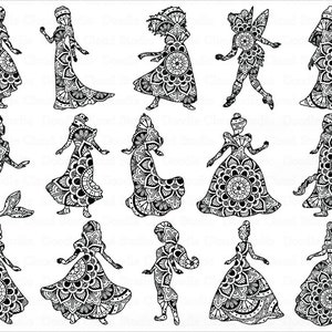 Princess Mandala SVG, Princesses Bundle Mandala SVG Fichiers pour Silhouette et Cricut. T-shirt princesse, clipart princesse, anniversaire princesse.